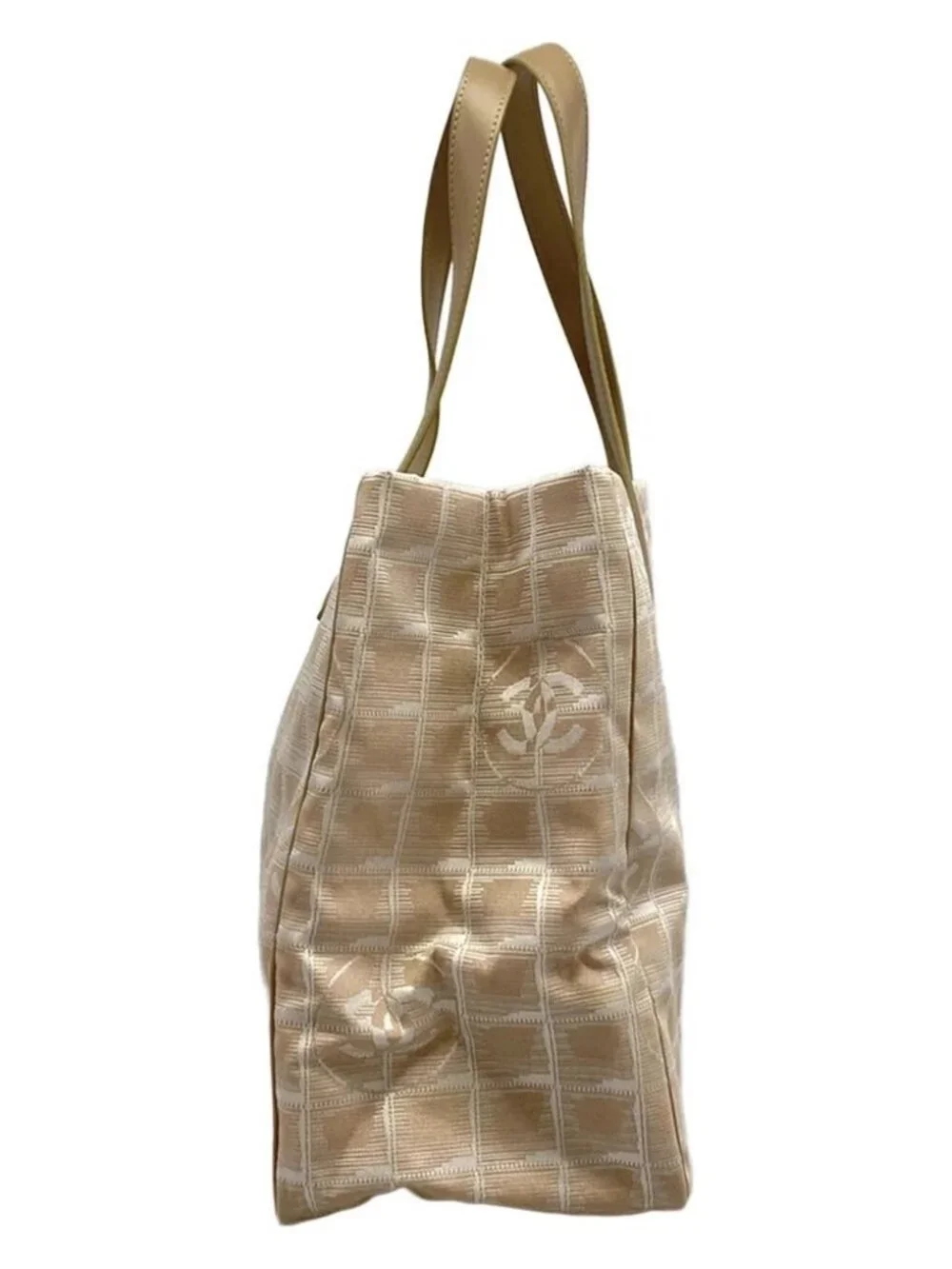 CHANEL New Travel Line Tote MM Beige White Nylon Jacquard Leather Tote Bag
